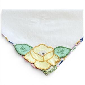 White Table Topper Floral Hand Embroidered Applique Tablecloth Colorful Edging